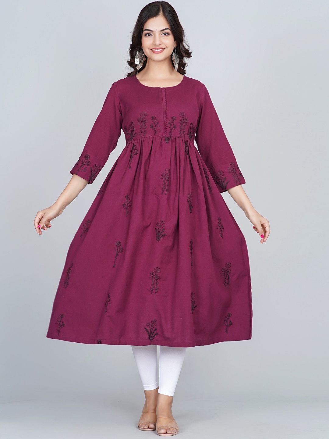 

Neemiya Floral Embroidered Round Neck Pleated A-Line Kurta, Pink