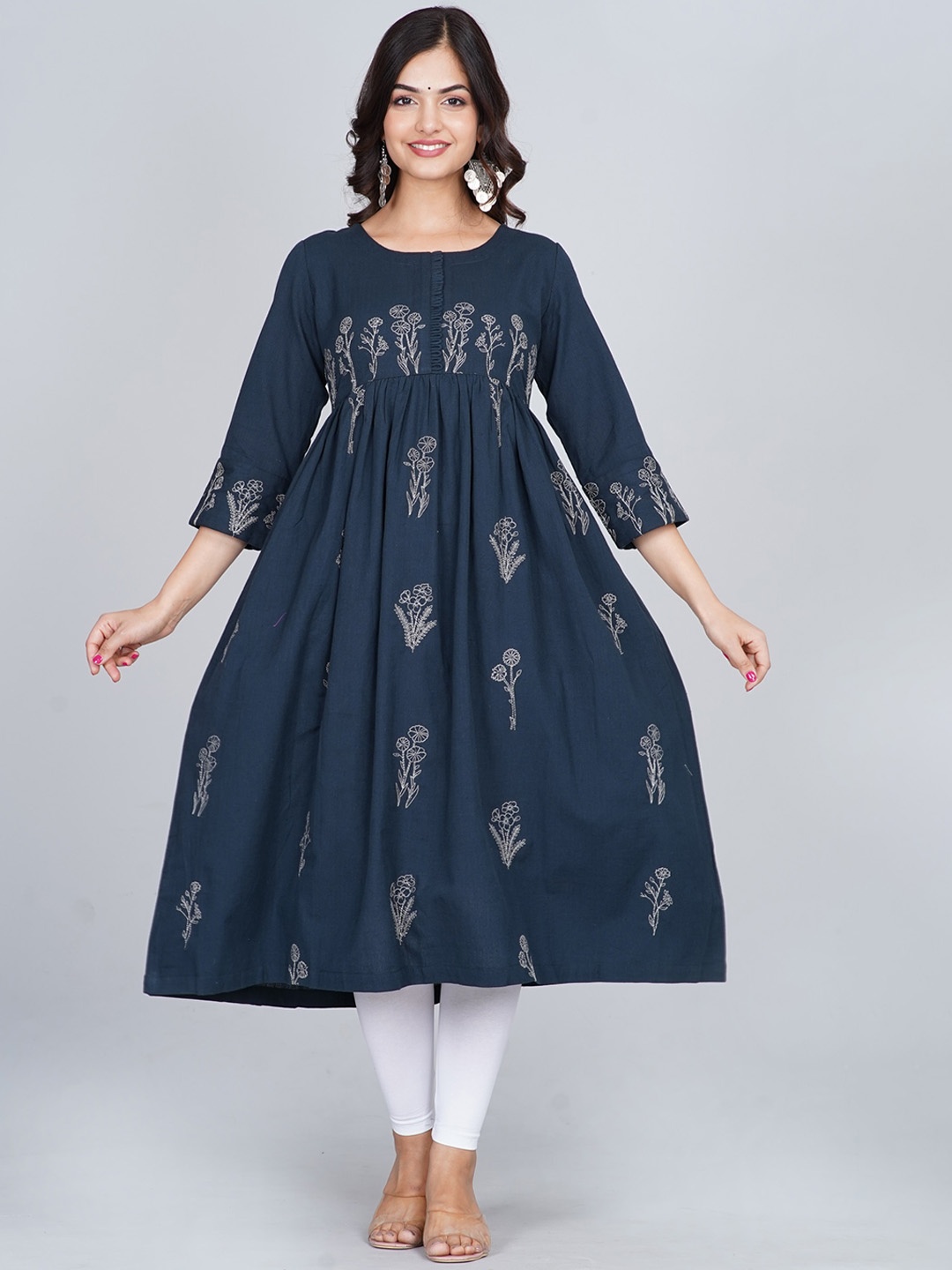 

Neemiya Floral Embroidered Round Neck Pleated A-Line Kurta, Navy blue