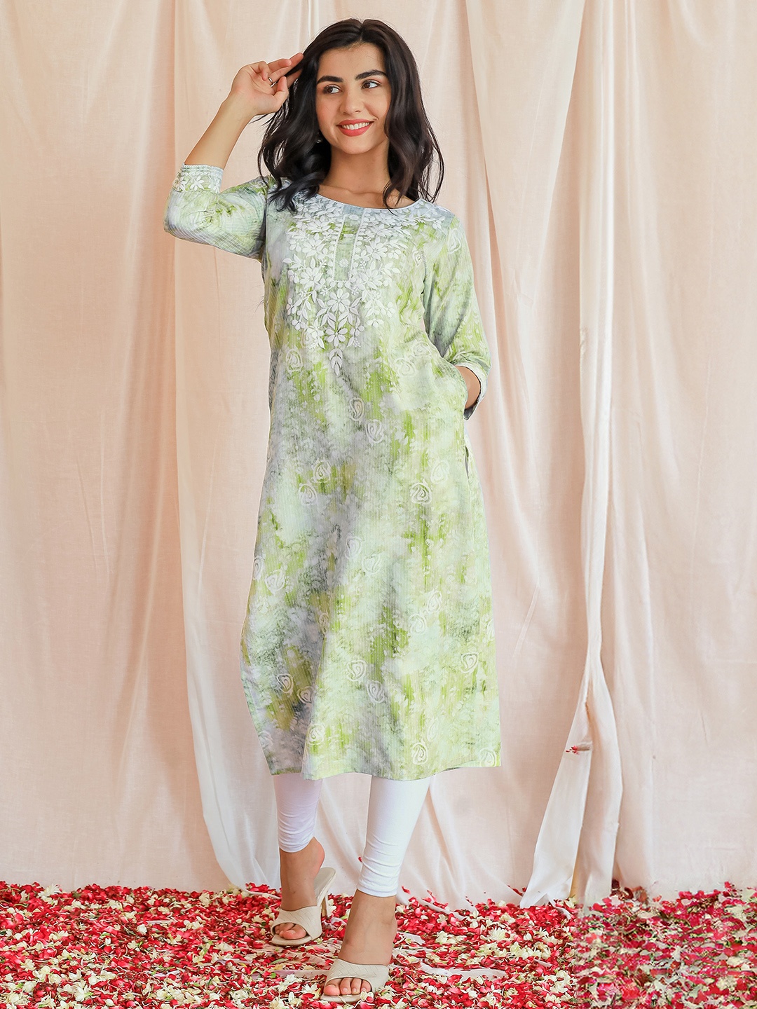Libas Floral Printed Round Neck Thread Work Cotton Straight Kurta, Green