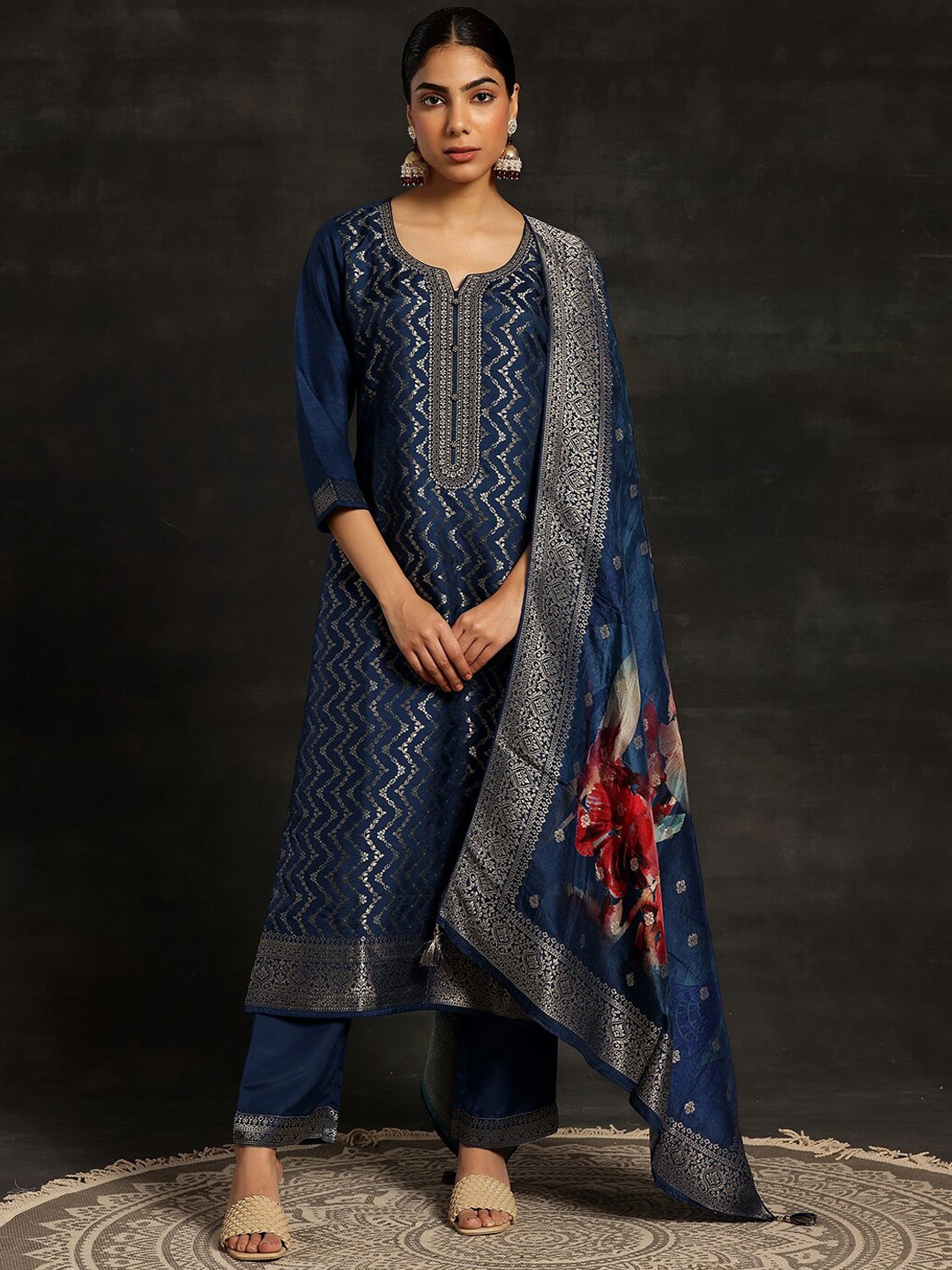 

Libas Ethnic Motifs Woven Design Regular Kurta with Trousers & With Dupatta, Blue