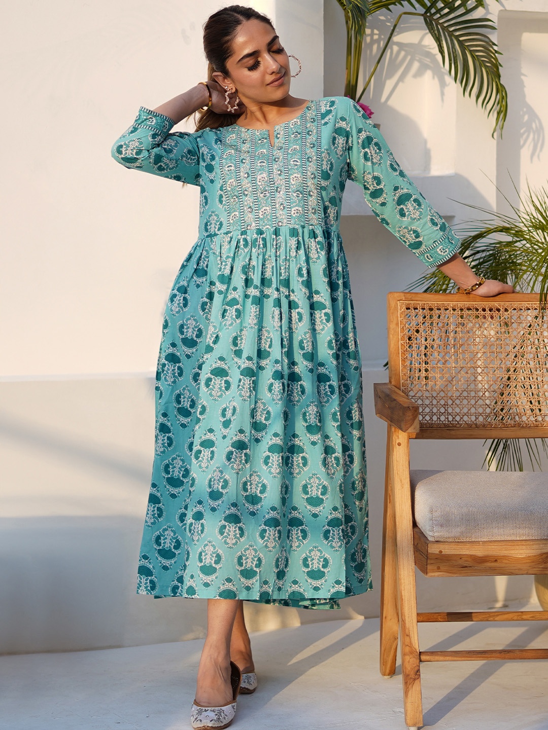 

Libas Ethnic Motifs Printed Cotton Fit and Flare Ethnic Dress, Sea green