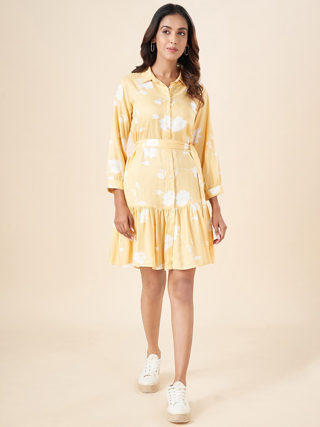 

AKKRITI BY PANTALOONS Floral Printed Shirt Dress, Yellow