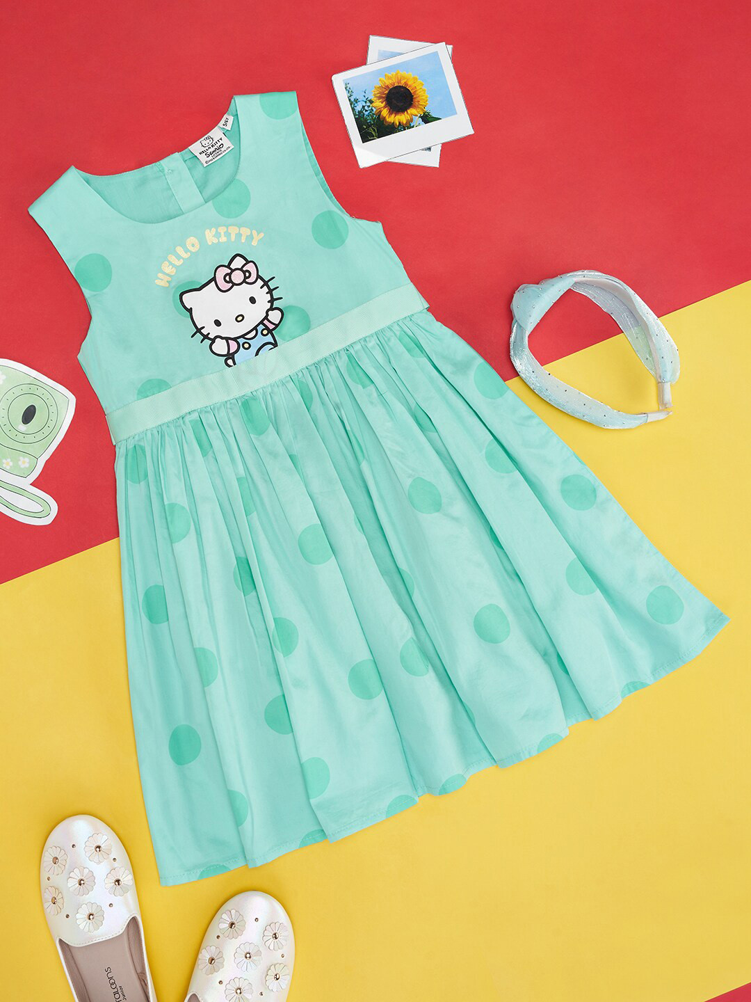 

Pantaloons Junior Girls Polka Dots Printed Gathered Cotton Fit & Flare Dress, Green