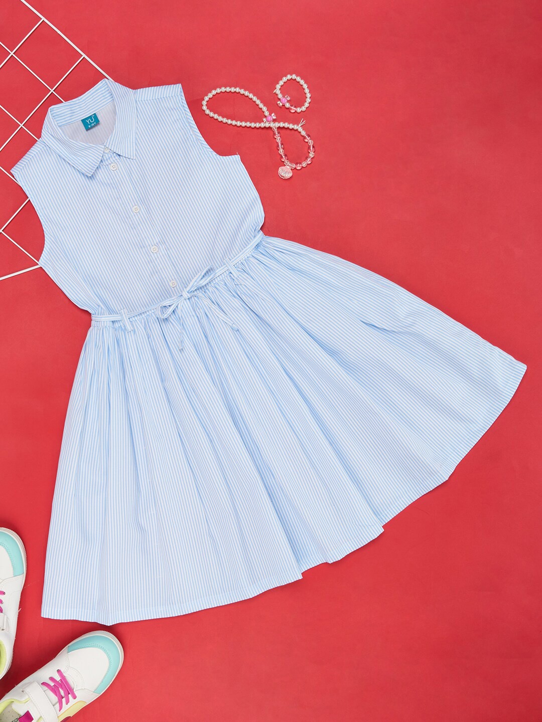 

YU by Pantaloons Girls Striped Shirt Collar Cotton Fit & Flare Dress, Blue