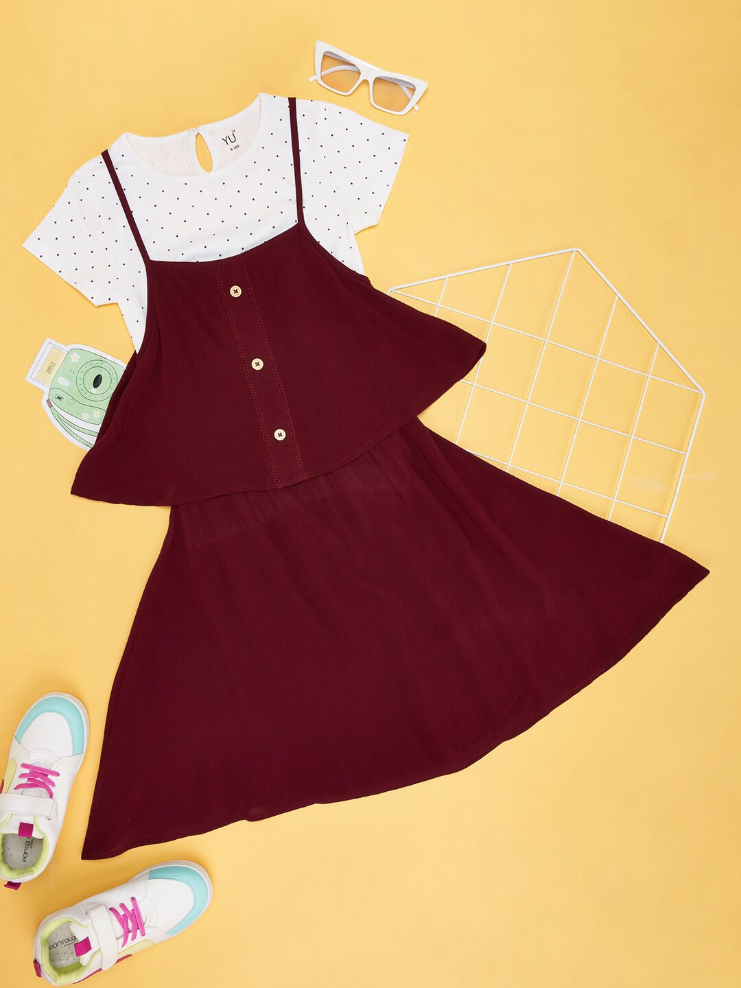 

YU by Pantaloons Girls Layered Detailed Cotton Fit & Flare Dress With T-shirt, Burgundy