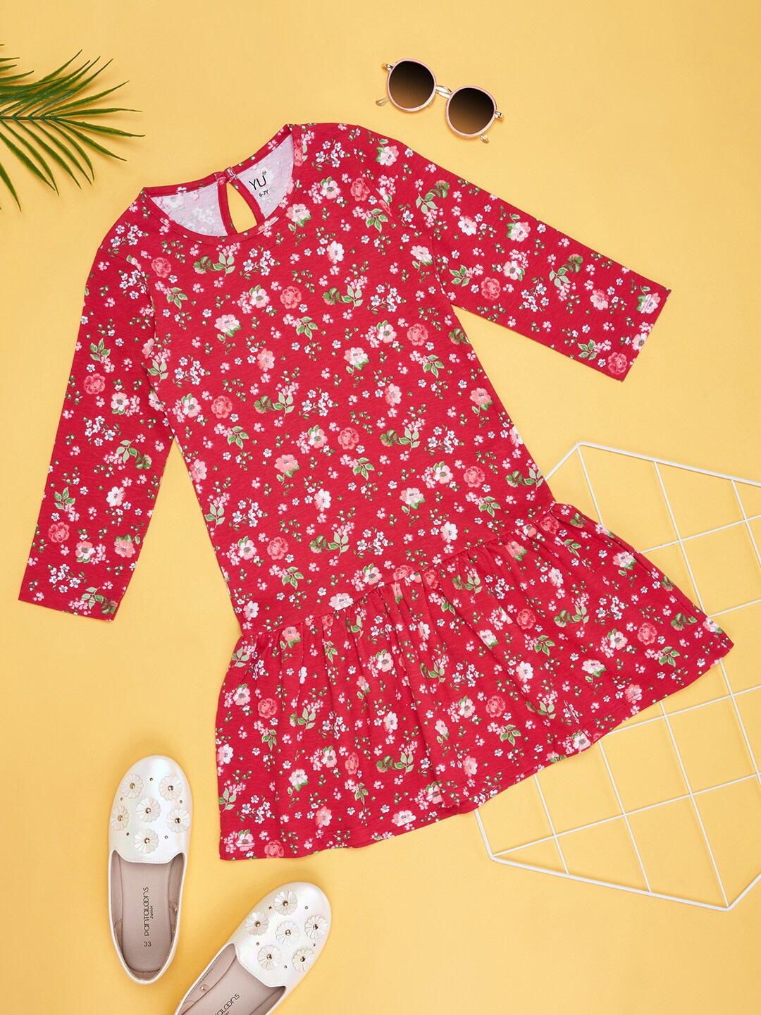 

YU by Pantaloons Girls Floral Printed Cotton Drop-Waist Dress, Red