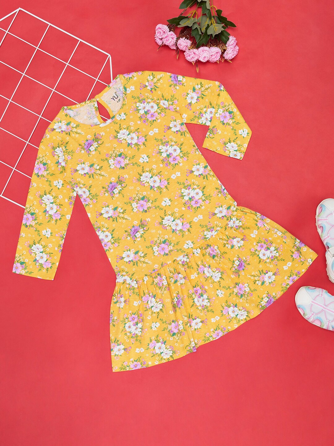 

YU by Pantaloons Girls Floral Printed Cotton Drop-Waist Dress, Yellow