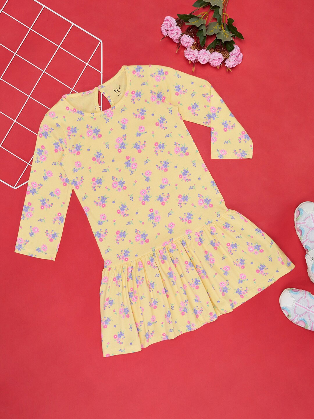 

YU by Pantaloons Girls Floral Printed Cotton Drop-Waist Dress, Yellow