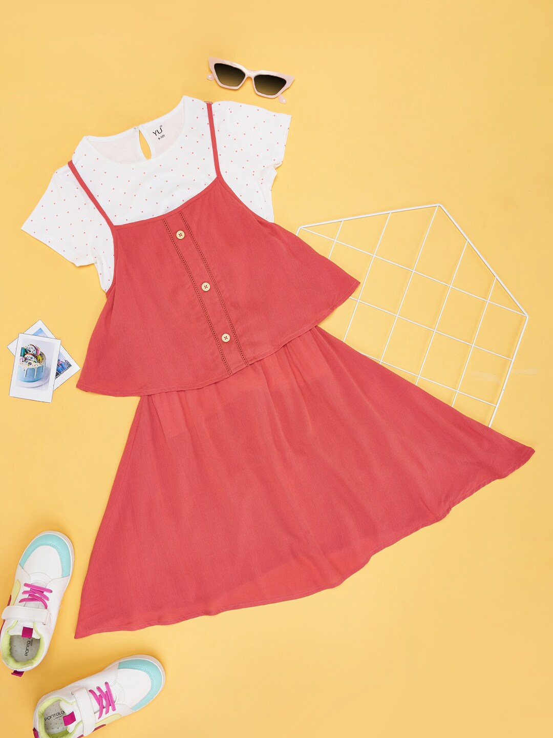 

YU by Pantaloons Girls Layered Detailed Cotton Fit & Flare Dress With T-shirt, Peach