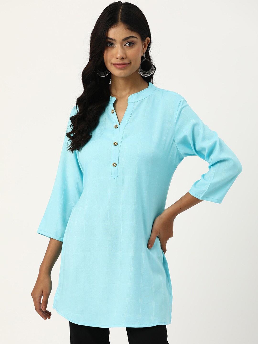 

Anouk Striped Printed Mandarin Collar Three-Quarter Sleeves Short Kurti, Turquoise blue