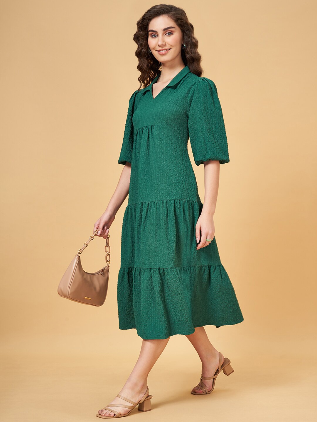 

YU by Pantaloons Self Design Puffed Sleeves Tiered Cotton A-Line Midi Dress, Green