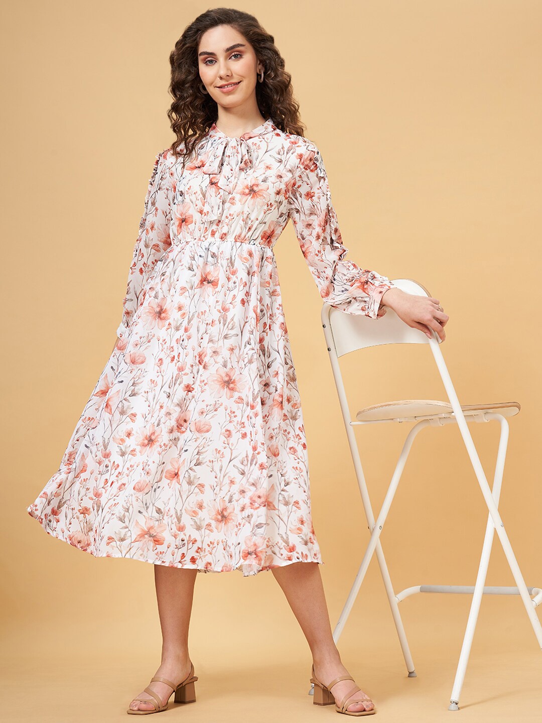

YU by Pantaloons Floral Printed Tie-Up Neck Fit and Flare Midi Dress, White