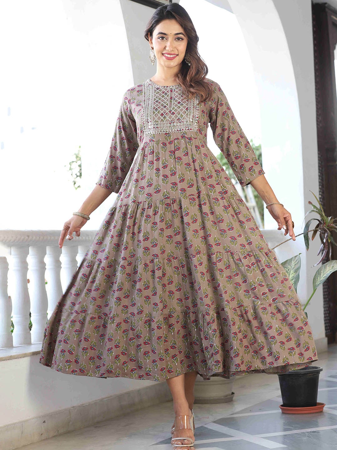

KALINI Ethnic Motifs Printed Round Neck Sequined Anarkali Kurta, Grey