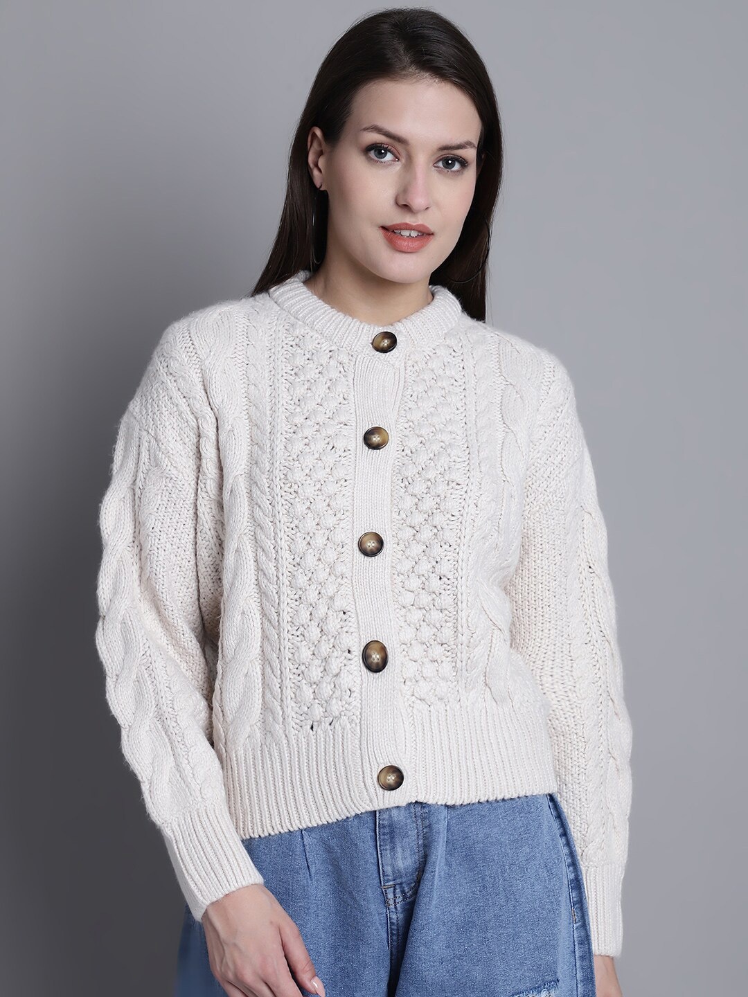

NoBarr Cable Knit Round Neck Sweaters Cardigan, White