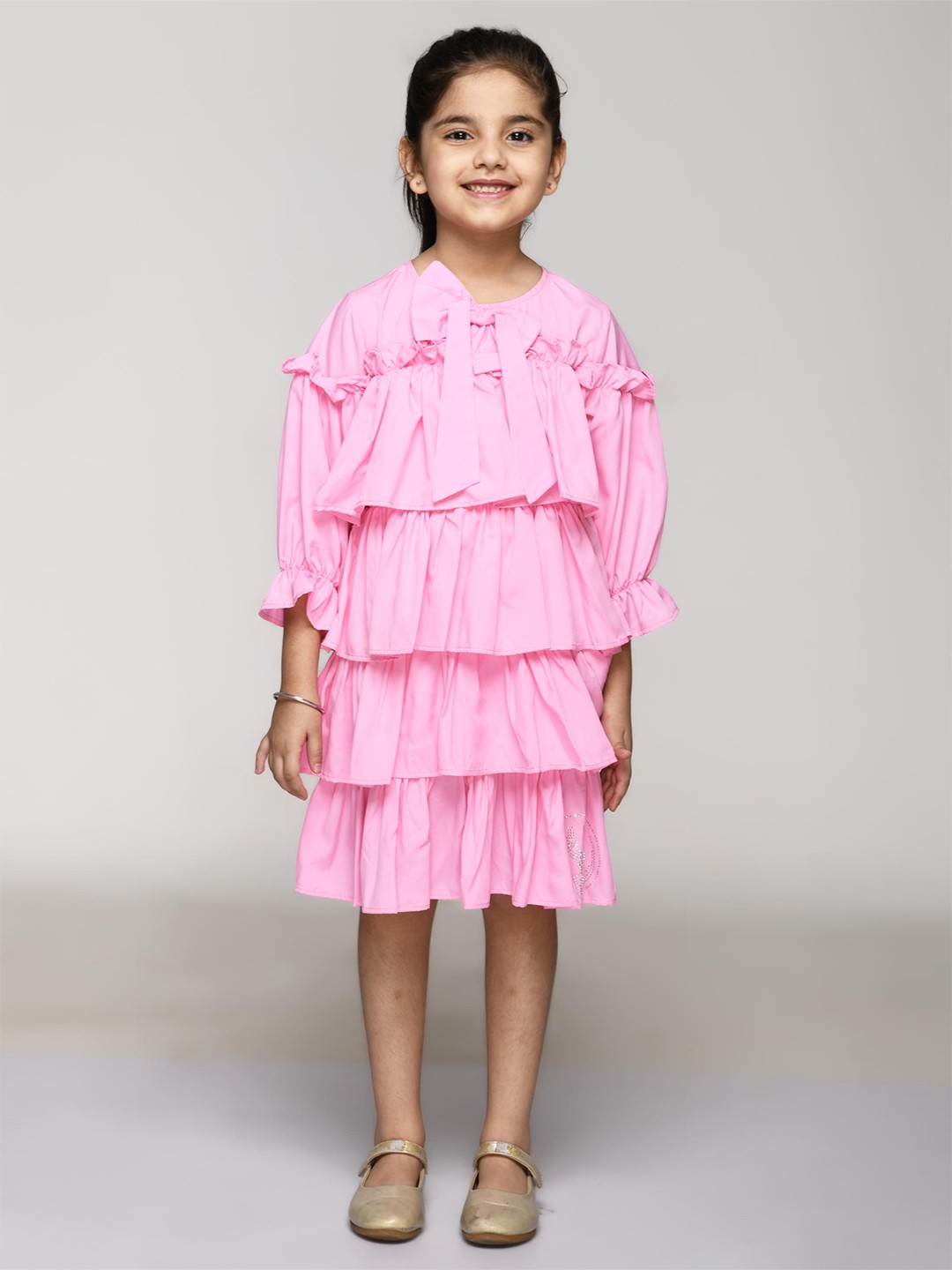 

BAESD Tie-Up Neck Bell Sleeve Crepe A-Line Dress, Pink