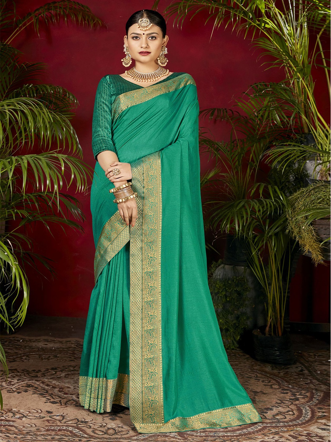 

VIRICA Woven Design Border Zari Saree, Sea green