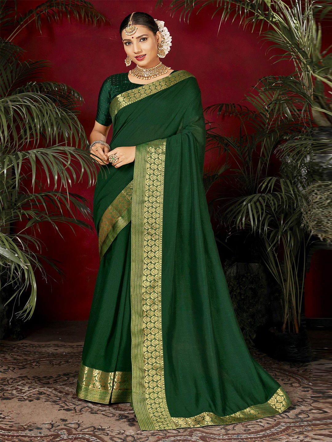 

VIRICA Woven Design Border Zari Saree, Green