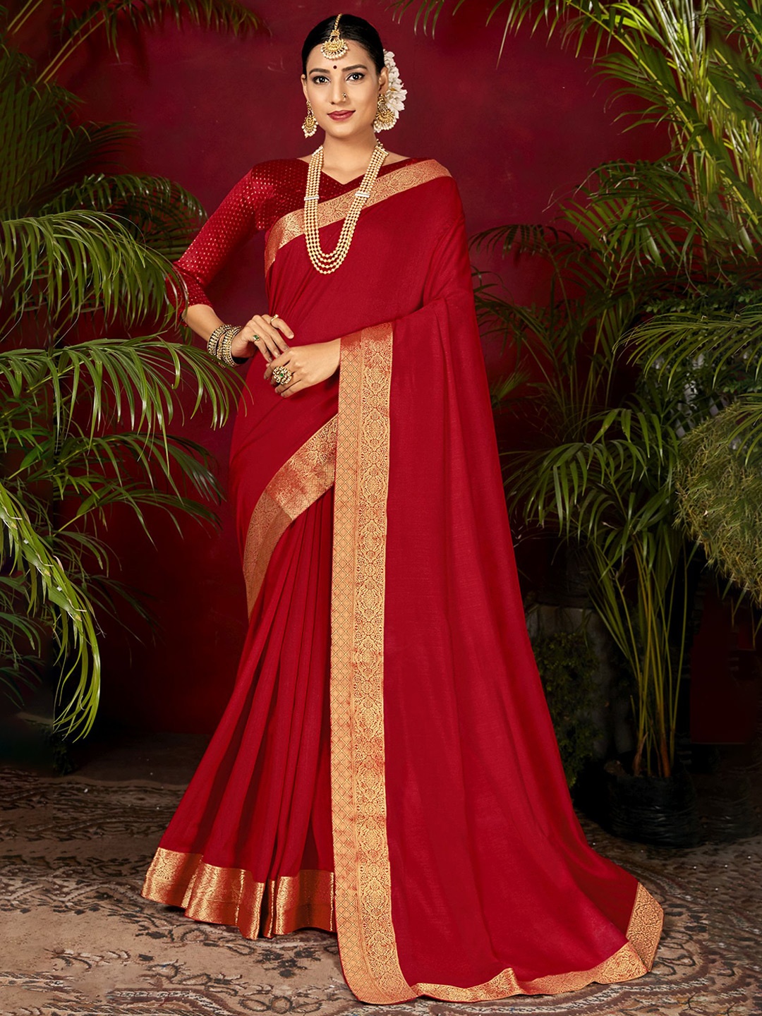 

VIRICA Woven Design Zari Saree, Red