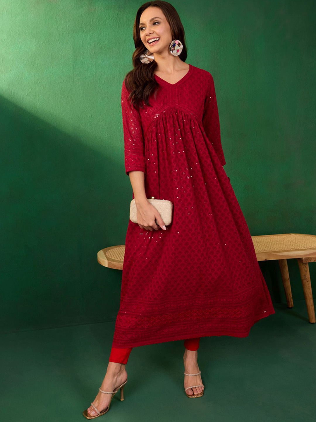 

Sangria Sequin Embroidered Anarkali Kurta, Red