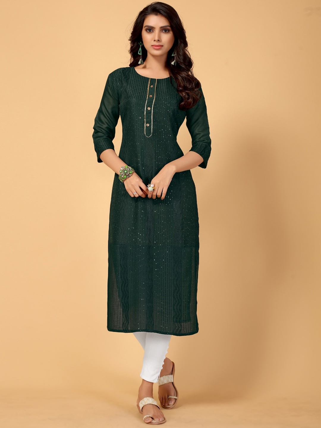 

DIVASTRI Striped Sequinned Detailed Cotton Silk Straight Kurta, Green