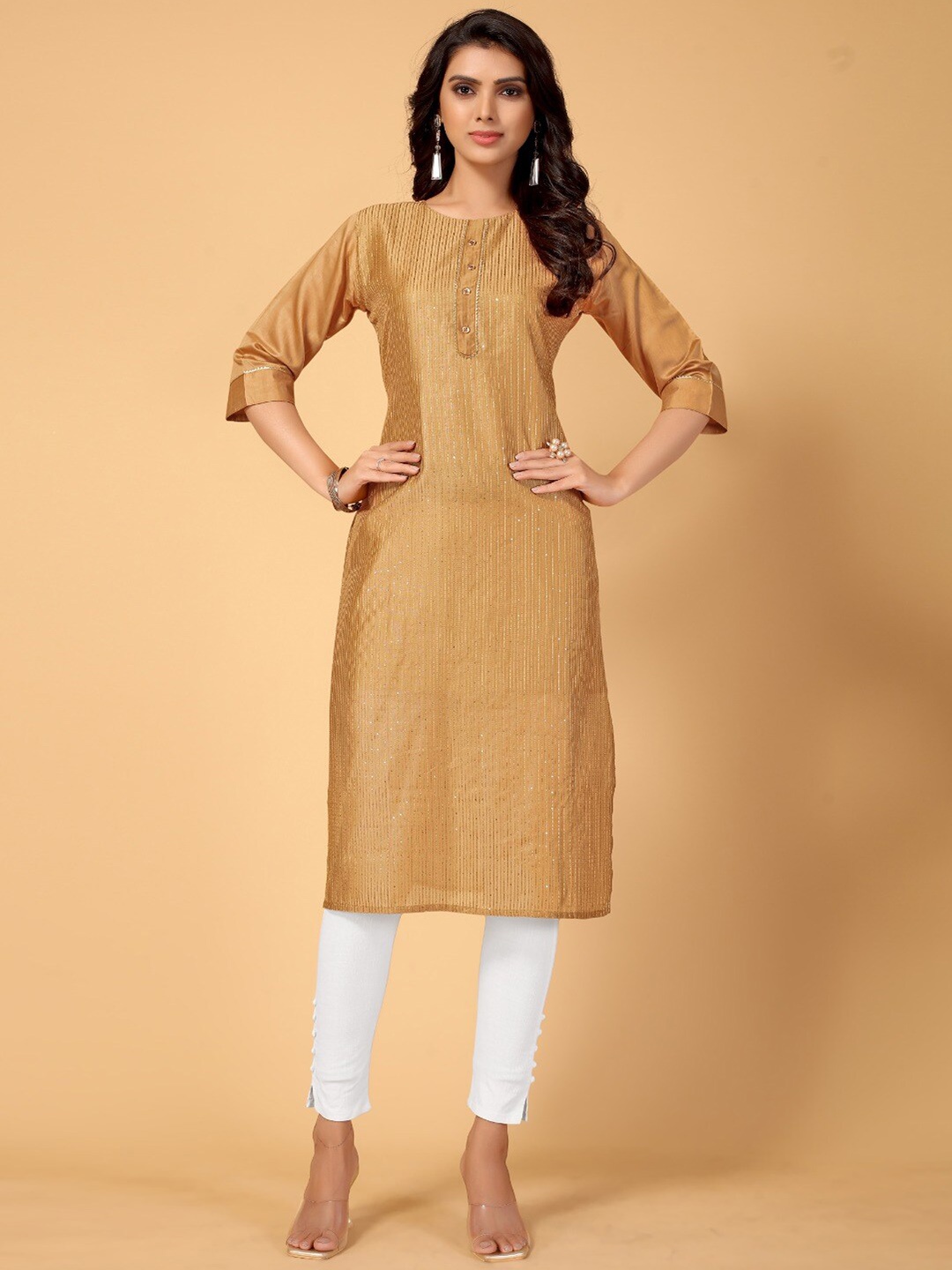 

DIVASTRI Striped Sequinned Detailed Cotton Silk Straight Kurta, Copper