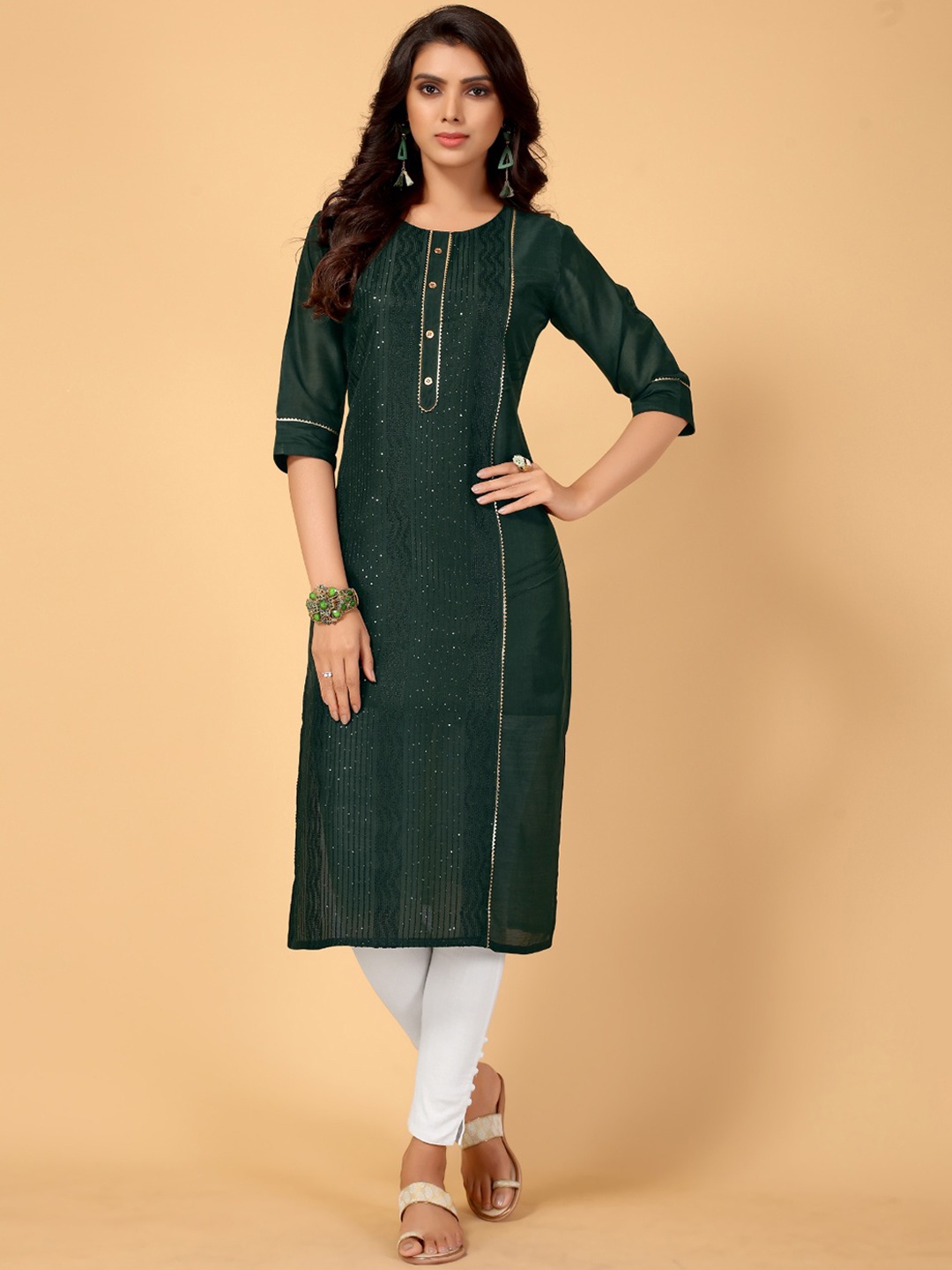 

DIVASTRI Striped Sequinned Detailed Cotton Silk Straight Kurta, Green