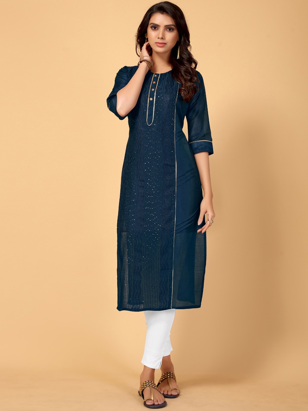 

DIVASTRI Striped Round Neck Sequinned Cotton Silk Straight Kurta, Navy blue
