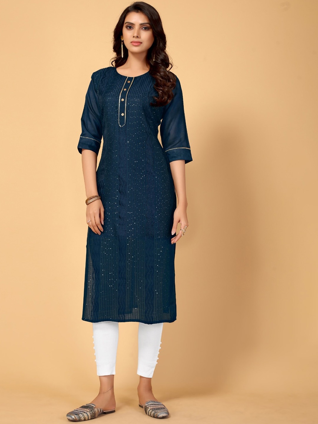 

DIVASTRI Striped Sequinned Detailed Cotton Silk Straight Kurta, Navy blue