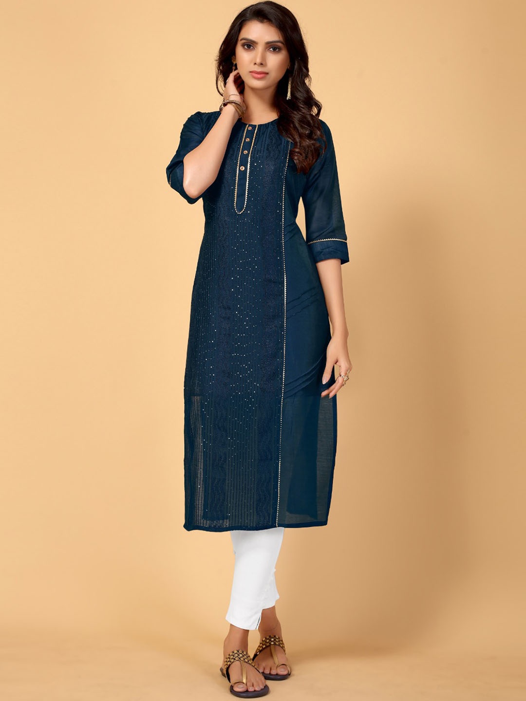 

DIVASTRI Striped Round Neck Sequinned Cotton Silk Straight Kurta, Navy blue