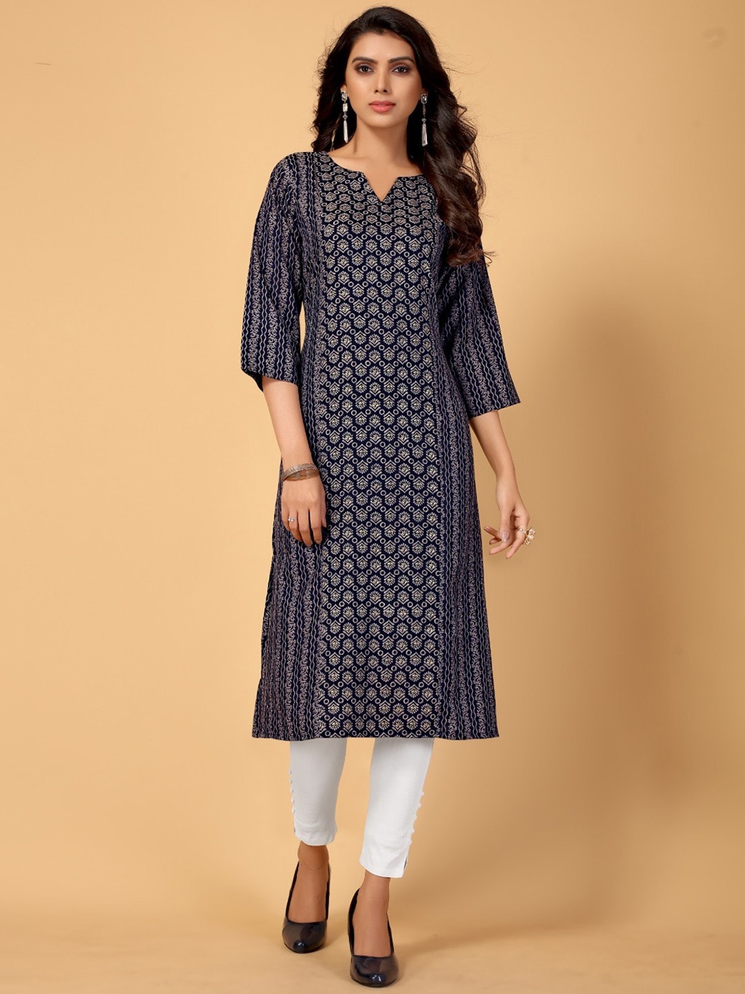 

DIVASTRI Ethnic Motifs Printed Cotton Silk Straight Kurta, Navy blue