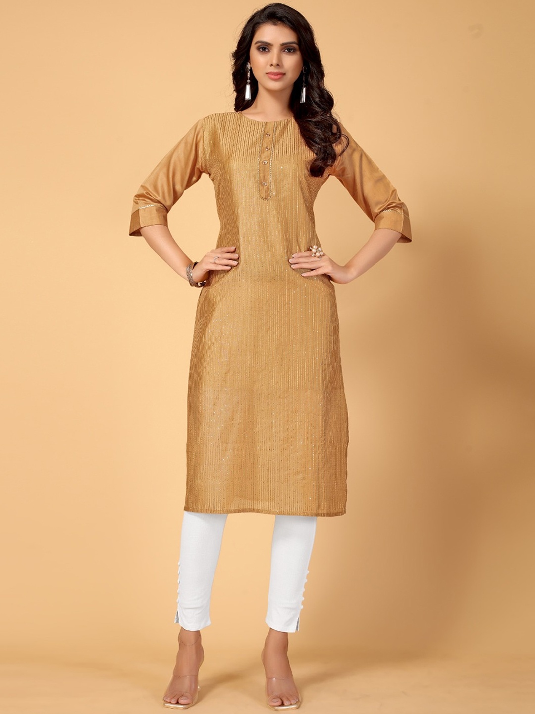 

DIVASTRI Striped Sequinned Detailed Cotton Silk Straight Kurta, Copper