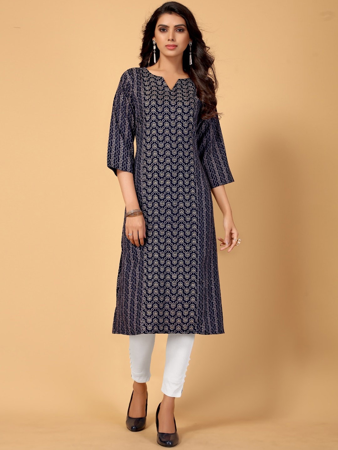 

DIVASTRI Ethnic Motifs Printed Panelled Straight Kurta, Navy blue