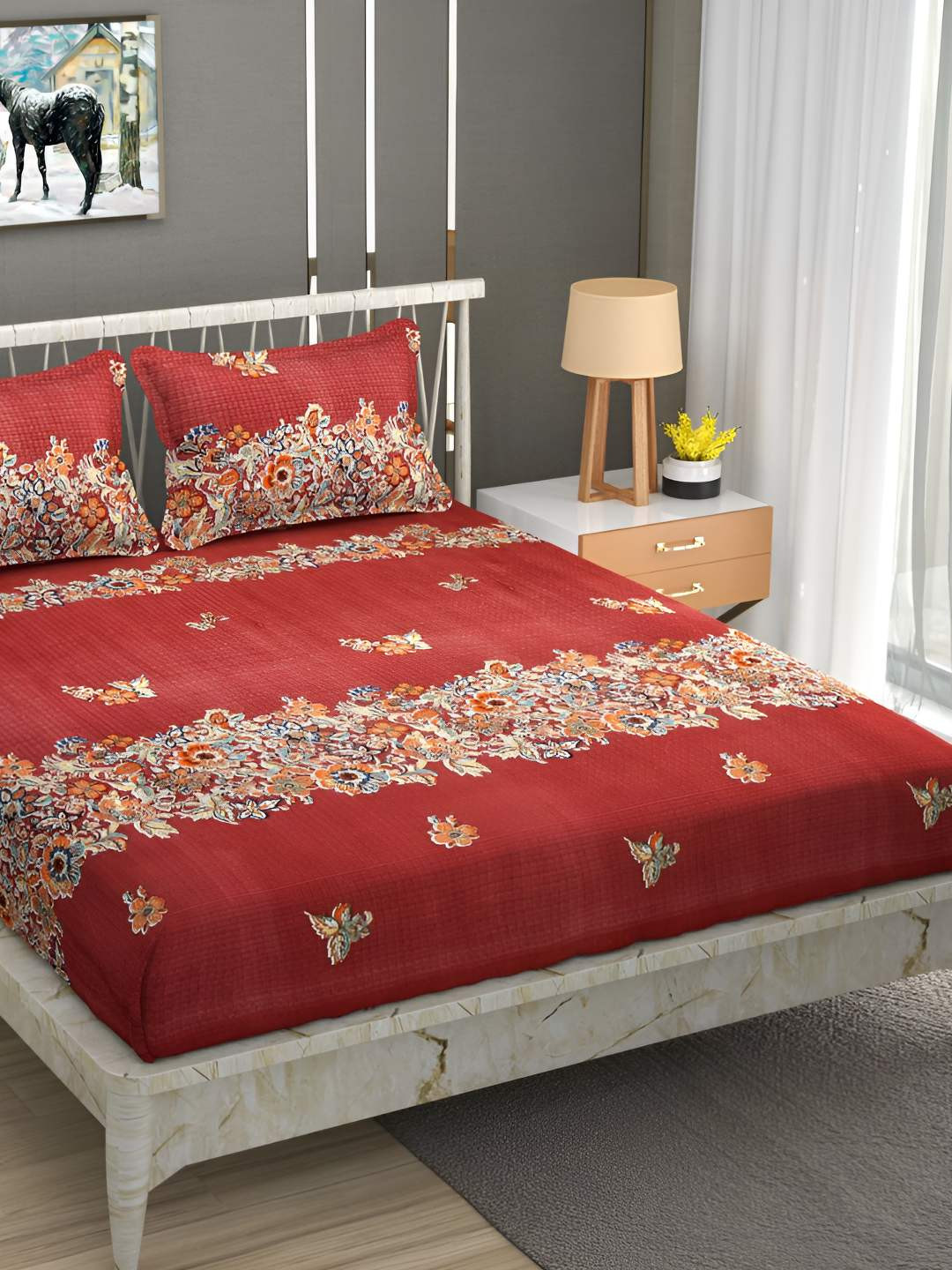 

Bajo's Maroon Ethnic Motifs Cotton 250 TC Fitted Queen Bedsheet with 2 Pillow Covers