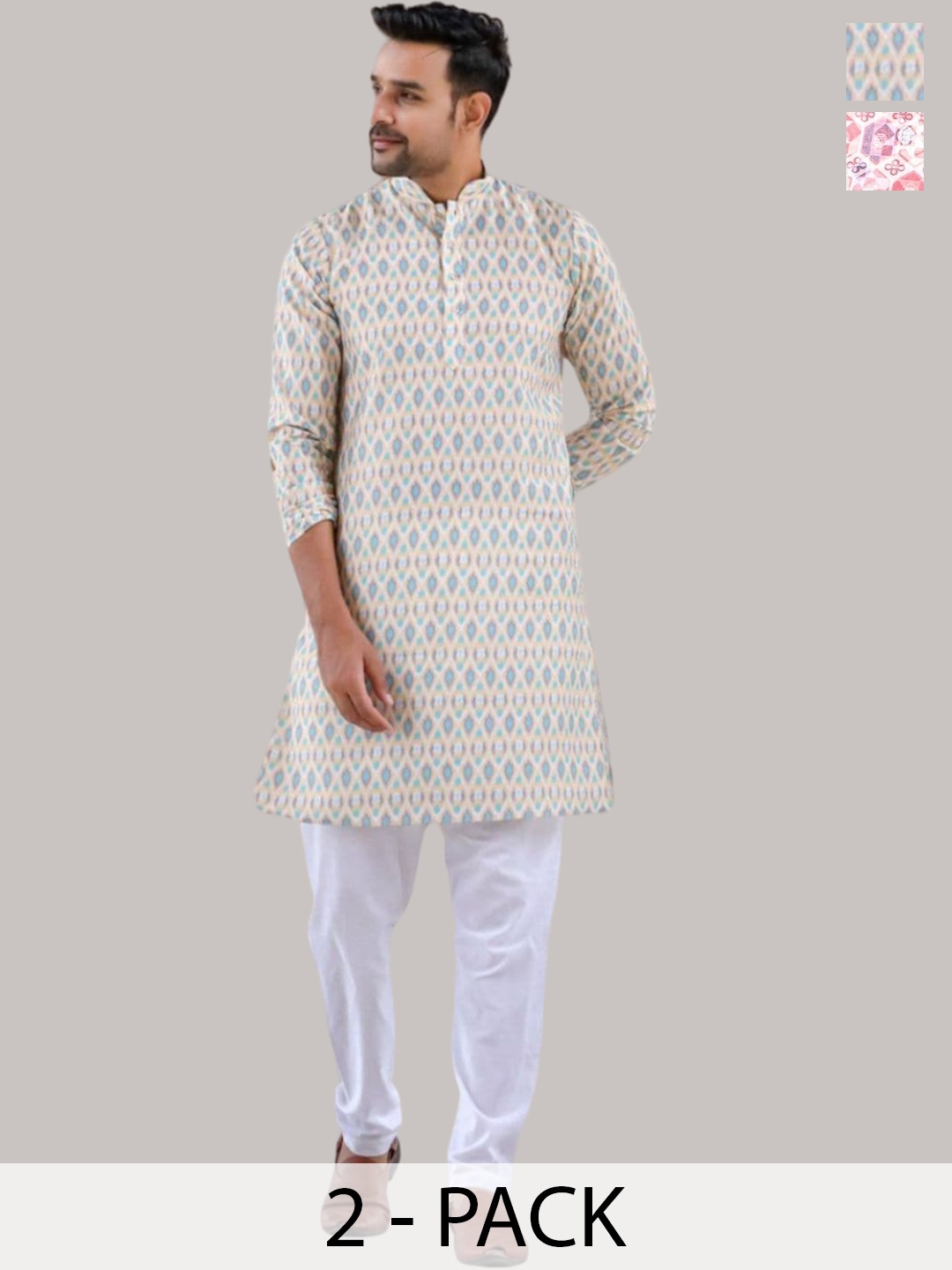 

Aanys Culture Selection Of 2 Floral Printed Mandarin Collar Dobby Weave Straight Kurtas, Pink