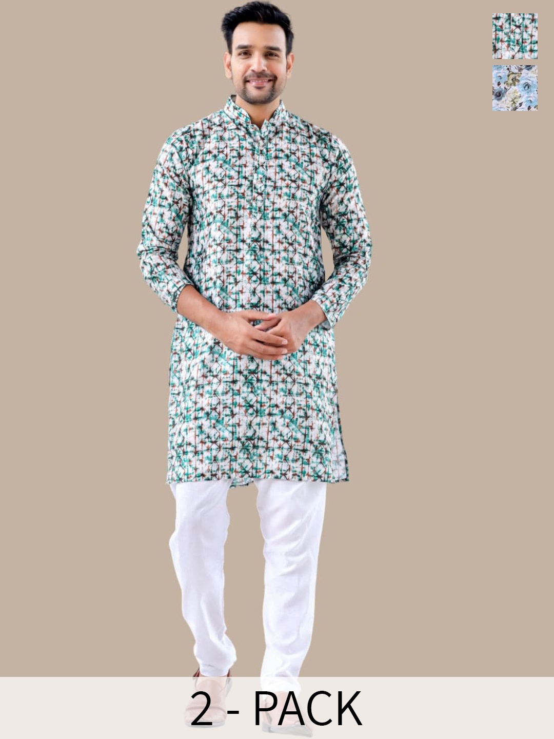 

Aanys Culture Selection Of 2 Floral Printed Mandarin Collar Dobby Weave Straight Kurta, White