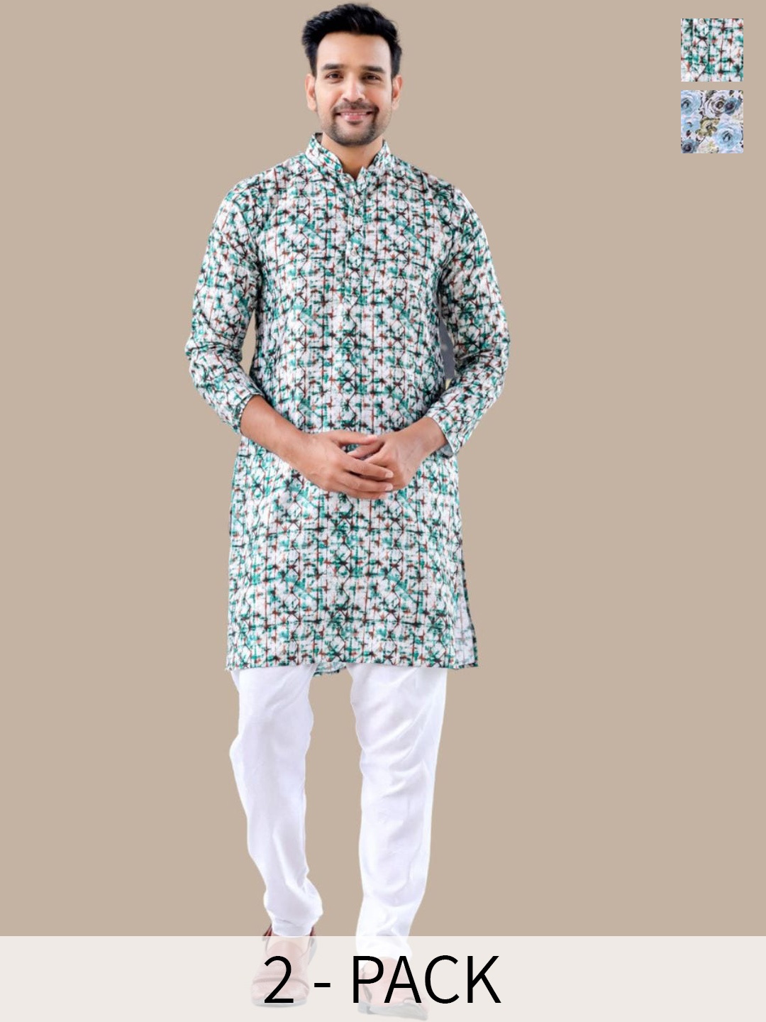 Aanys Culture Pack of 2 Ethnic Motifs Printed Dobby Straight Kurta, White