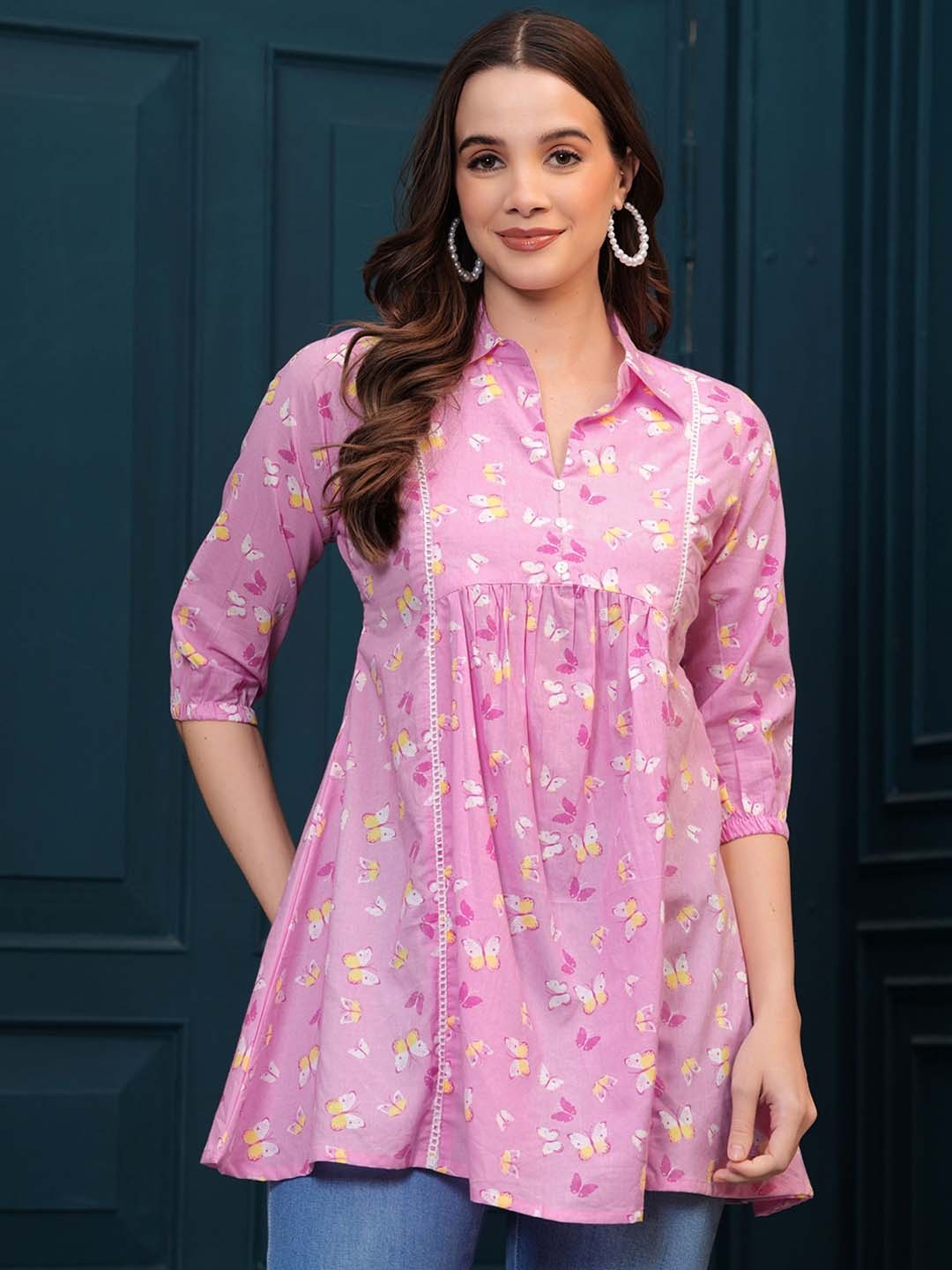 

KALINI Ethnic Motifs Printed Shirt Collar A-Line Kurta, Pink