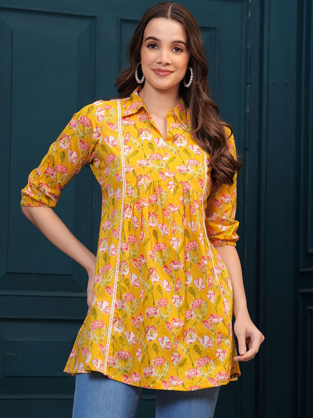 

KALINI Ethnic Motifs Printed Shirt Collar A-Line Kurta, Yellow