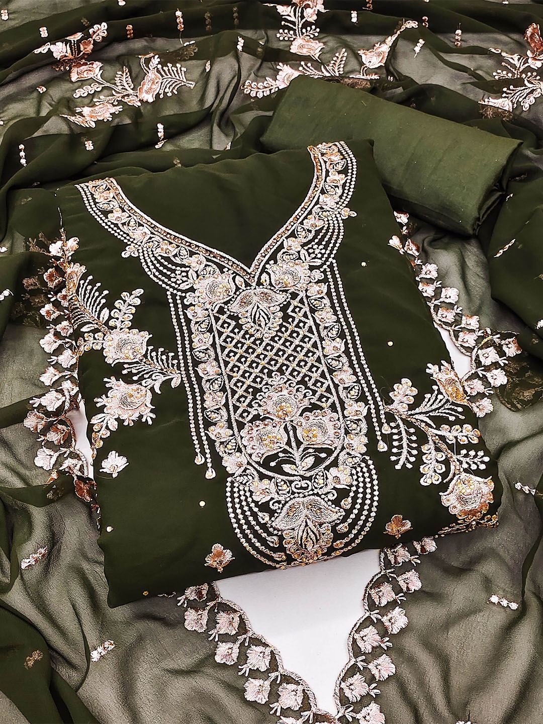 

MANVAA Ethnic Motifs Embellished Unstitched Dress Material, Green