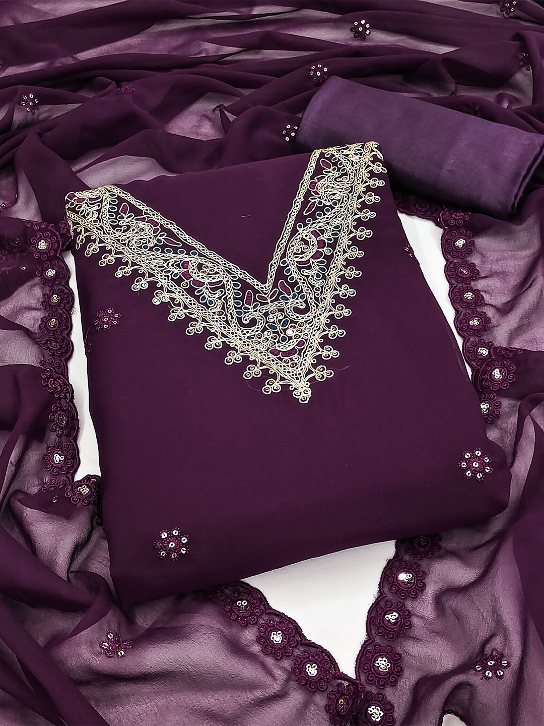

MANVAA Ethnic Motif Embroidered Unstitched Dress Material, Purple