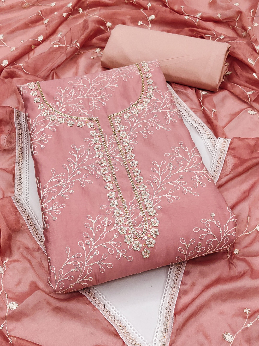 

MANVAA Embellished Unstitched Dress Material, Peach