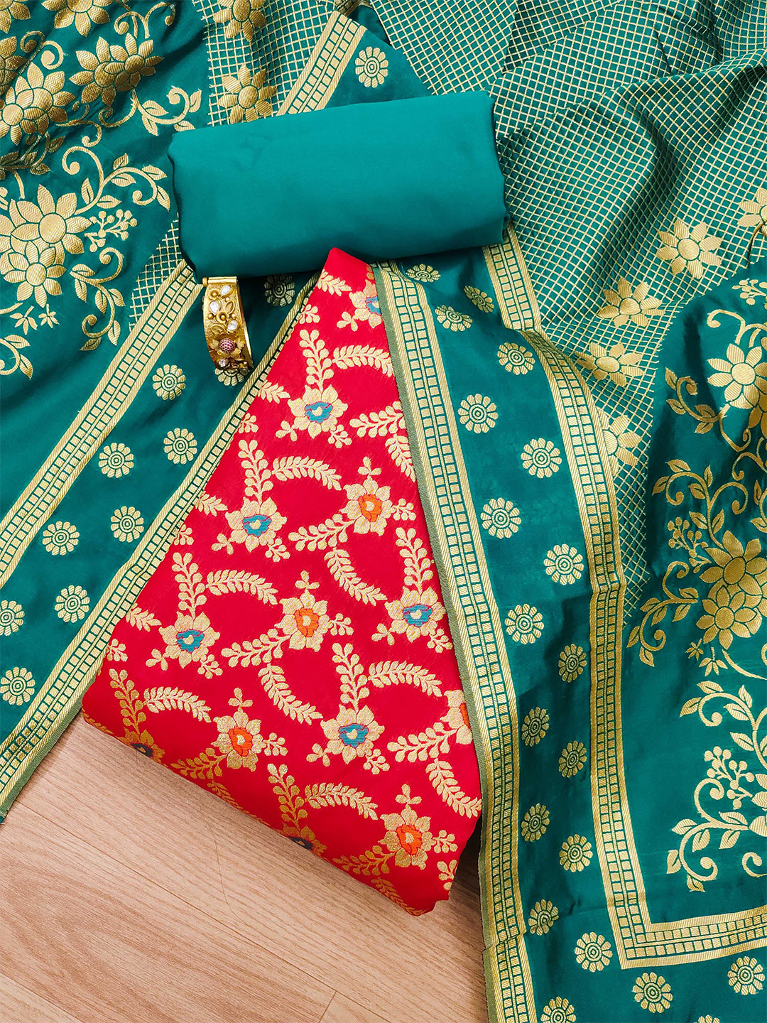 

MANVAA Floral Woven Design Zari Unstitched Dress Material, Red