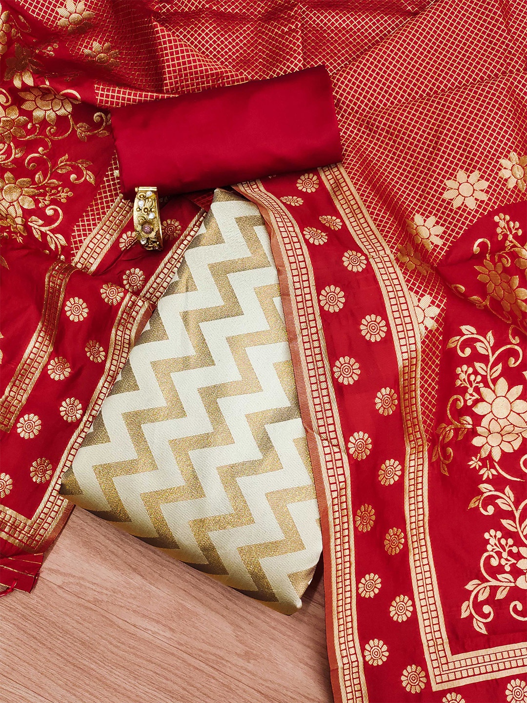 

MANVAA Ethnic Woven Design Unstitched Dress Material, Cream