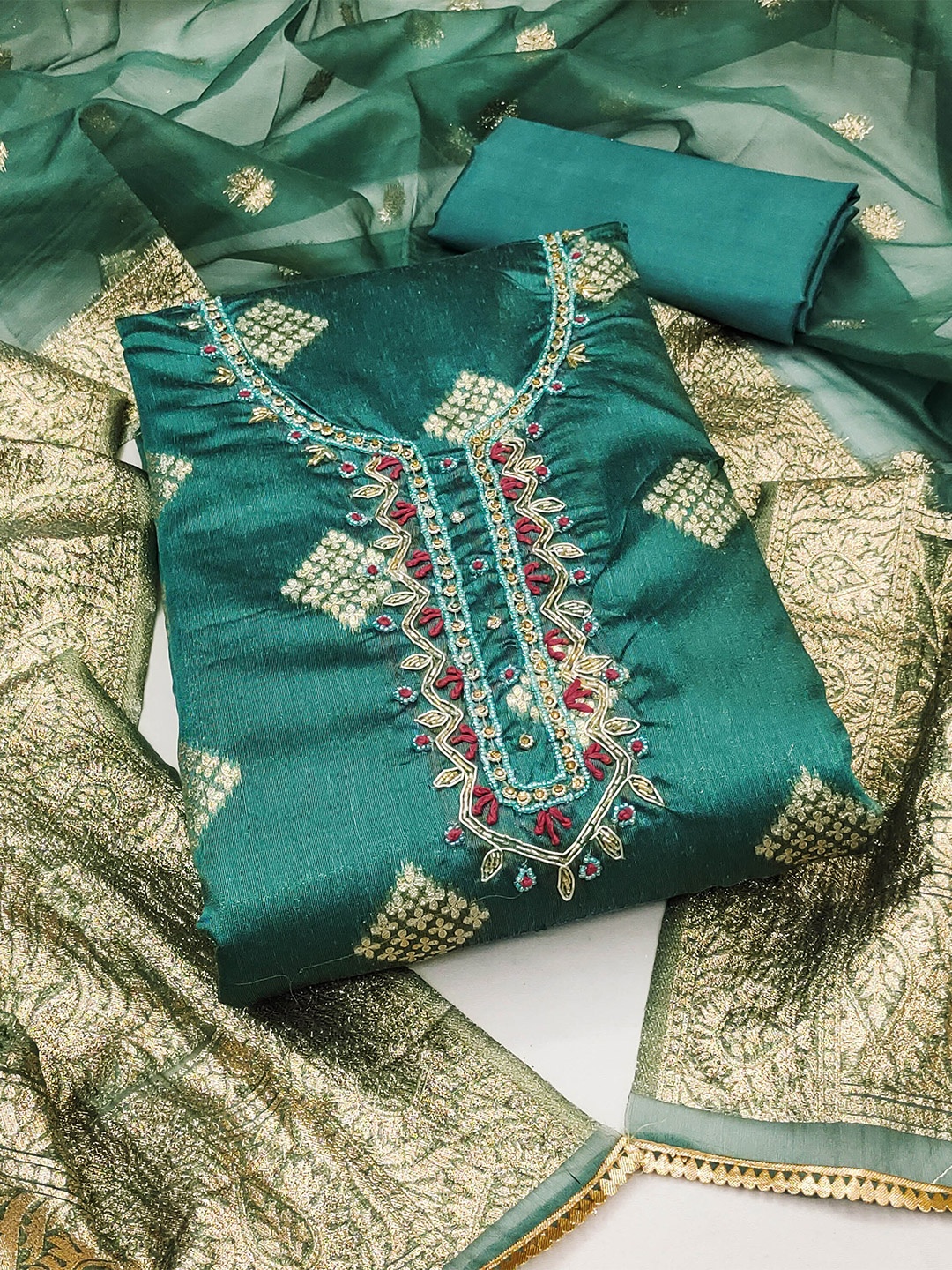 

MANVAA Ethnic Motifs Woven Design Beads & Stones Detail Banarasi Unstitched Dress Material, Sea green