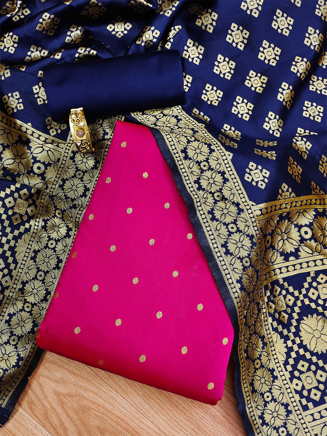 

MANVAA Floral Woven Design Unstitched Dress Material, Pink