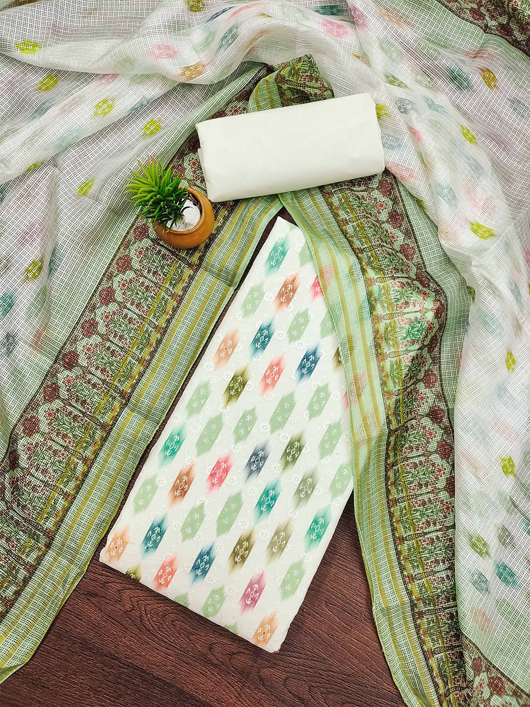 

MANVAA Ethnic Motifs Printed Unstitched Dress Material, White