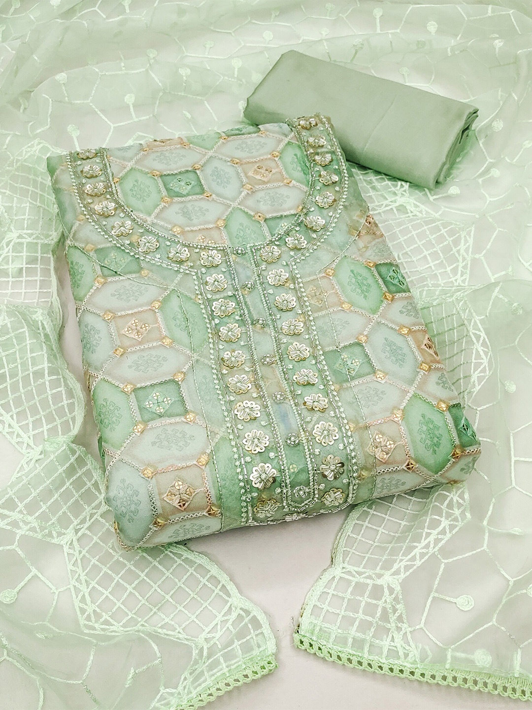 

MANVAA Floral Embellished Beads and Stones Unstitched Dress Material, Green