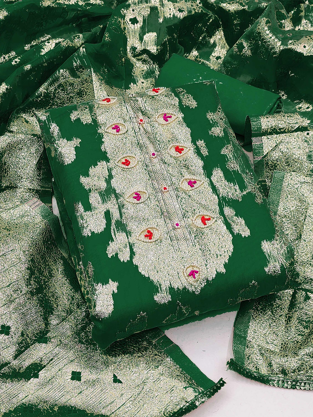 

MANVAA Embellished Organza Unstitched Dress Material, Green