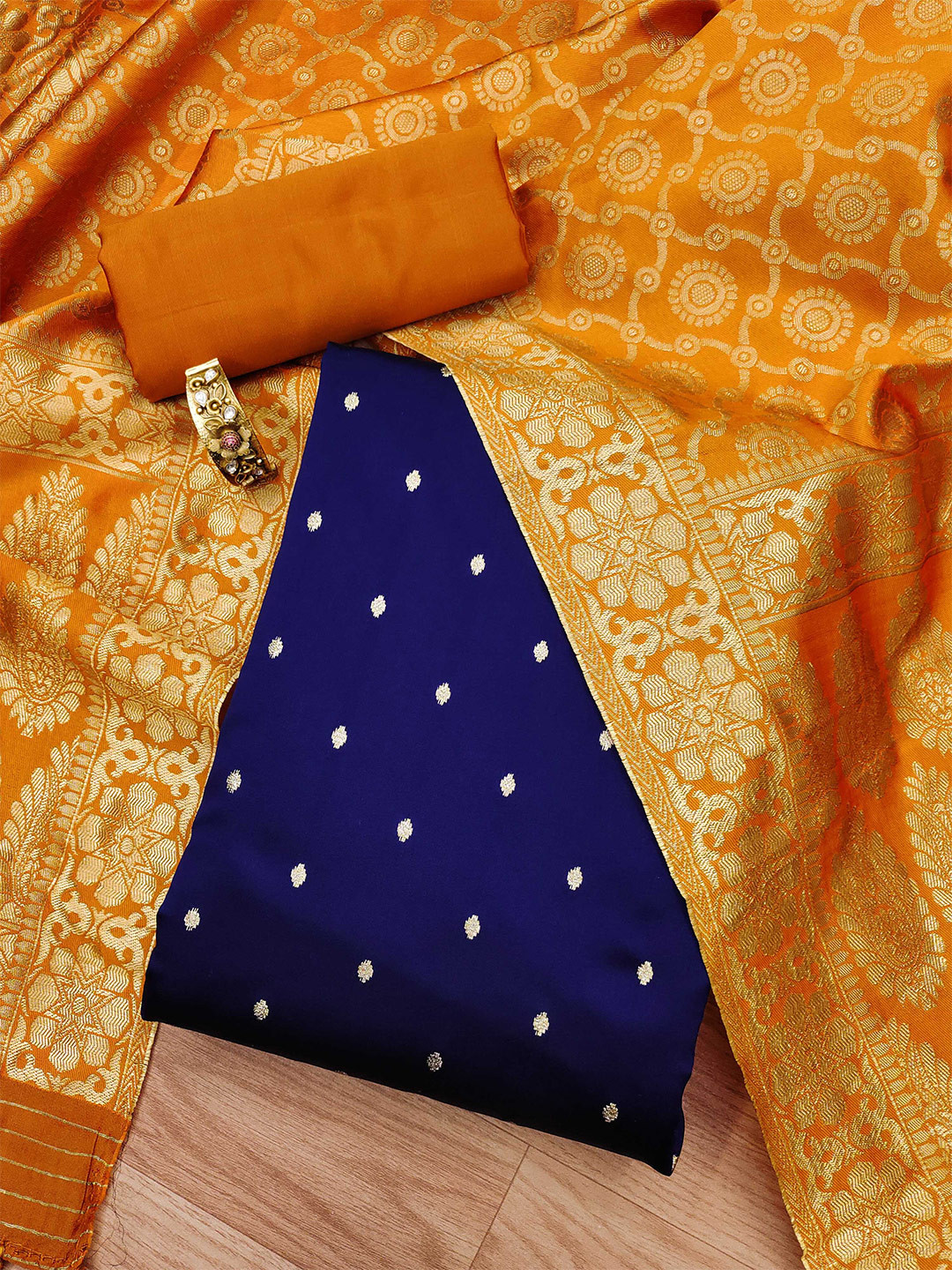 

MANVAA Ethnic Motifs Woven Design Unstitched Dress Material, Navy blue