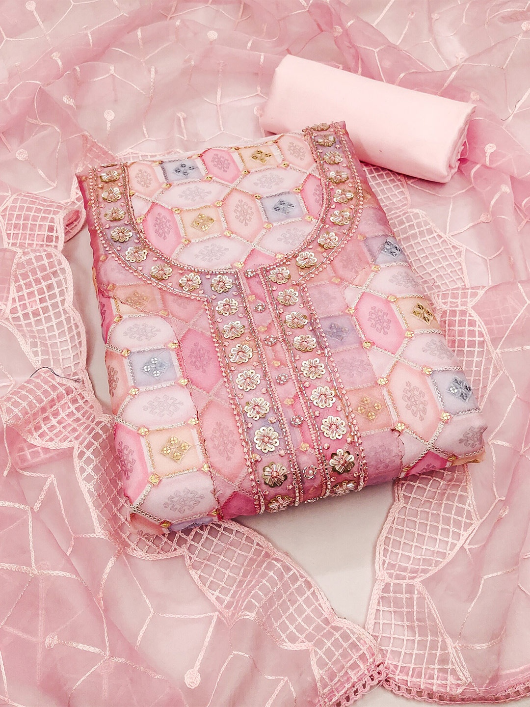 

MANVAA Floral Embellished Beads and Stones Unstitched Dress Material, Pink